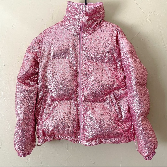 Pink sequin puffer jacket- size Small in women’s. Reversible foil pink - Picture 2 of 9